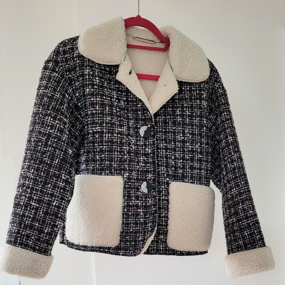 Tweed faux sherling coat
